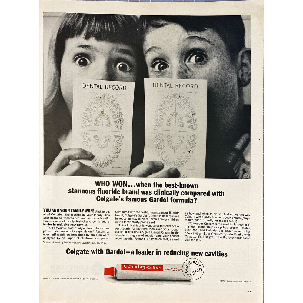 Colgate Toothpaste "with Gardol-a leader in reducing new cavities" Print Ad 1963